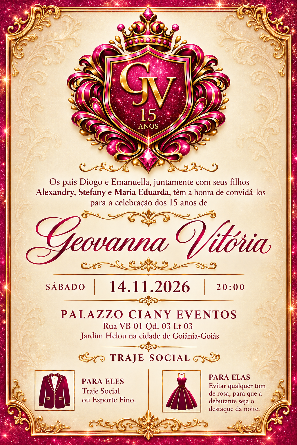 Convite de 15 anos de Geovanna Vitória, 14 de novembro de 2026, às 20 horas, Palazzo Ciany Eventos